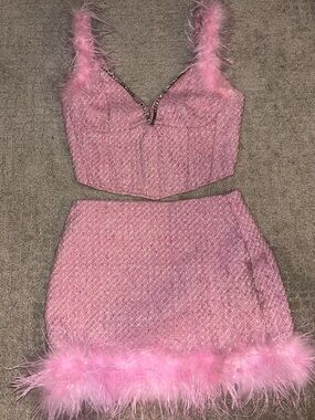 Pink Feather-Trim Two-Piece Skirt Set